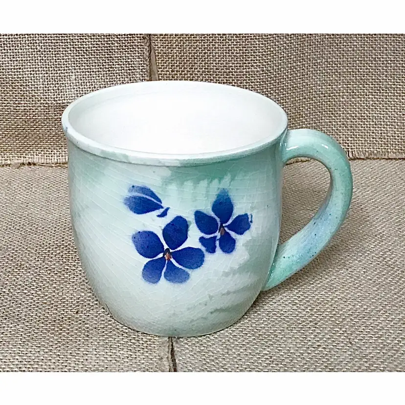 Handmade Light Green Floral Coffee Mug Cup Ceramic Coastal Cottagecore Spring