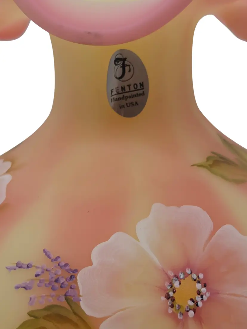 FENTON SATIN BURMESE DECORATED PITCHER BILL FENTON 56 YEARS GLOWS SIGNED