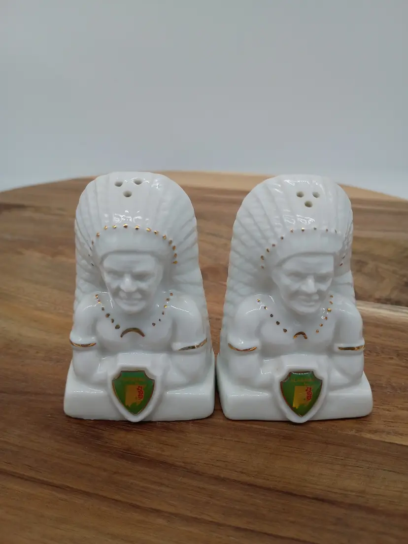Ceramic White with Gold trim Native American Chieftan Head Salt and Pepper Shakers.