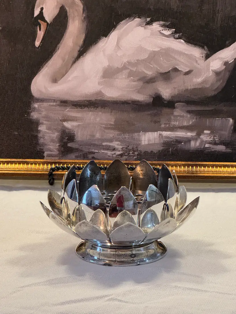 Vintage Leonard Silverplate Lotus Flower Bowl with Original Flower Frog