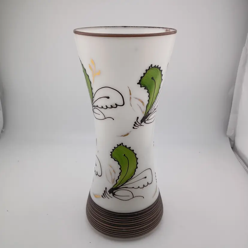 Handpainted white glass vase, Victorian?