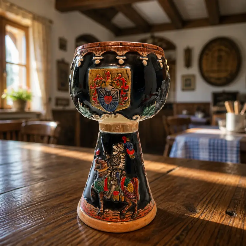 West German Ceramic Pedestal Chalice w/ Handpainted Raised Medieval Motif, 6.25"