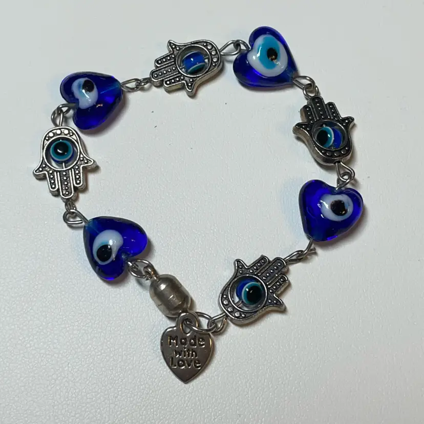 33 Blue Glass Evil Eye Protection Bracelet with Silver Accents “made With Love”