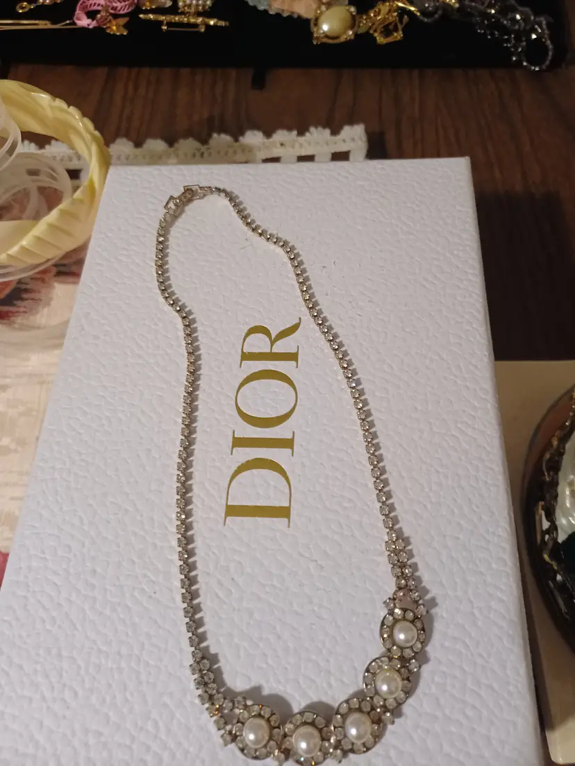 Dior box with vintage pearl and rhinestone necklace