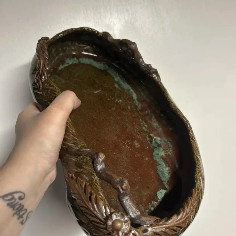 Handmade Pottery Centerpiece Bowl With Branch Handles And Flower Detail