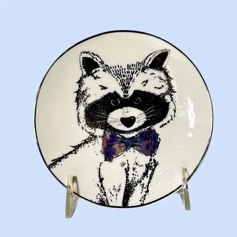 #661- Diaper Raccoon Lunch Plate Appetizer Wall Art Silver Trim 
American Atelier Porcelain