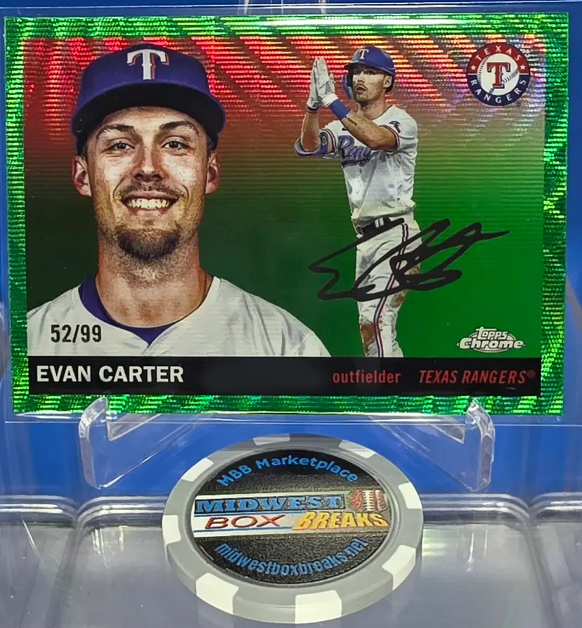 Evan Carter 2025 Topps Chrome Platinum Green Wave /99 Texas Rangers