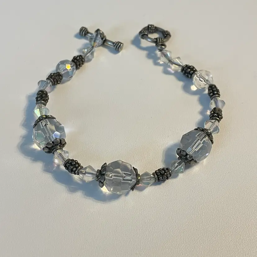 12 Crystal AB Wash Faceted Glass And Silvertone 8.25” Bracelet Toggle Clasp