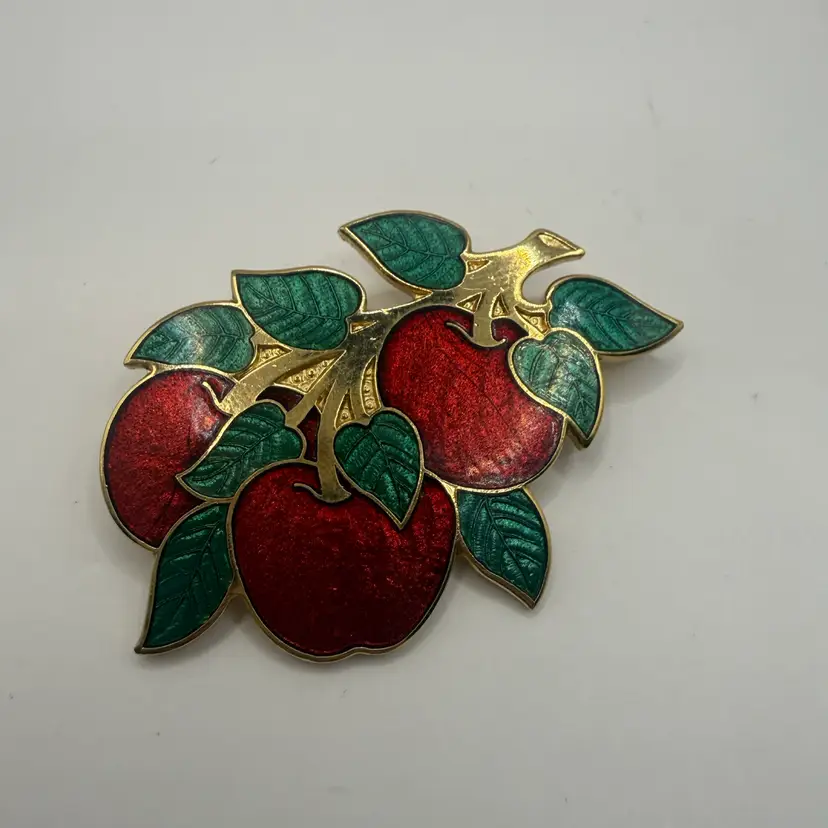 Fish Enterprises Enameled Apple Branch Brooch 2”
