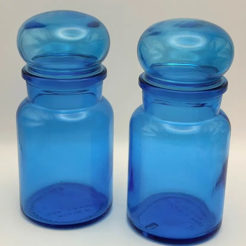Pair Of Vintage MCM Blue Apothecary Glass Jars With Bubble Top Lids Belgium