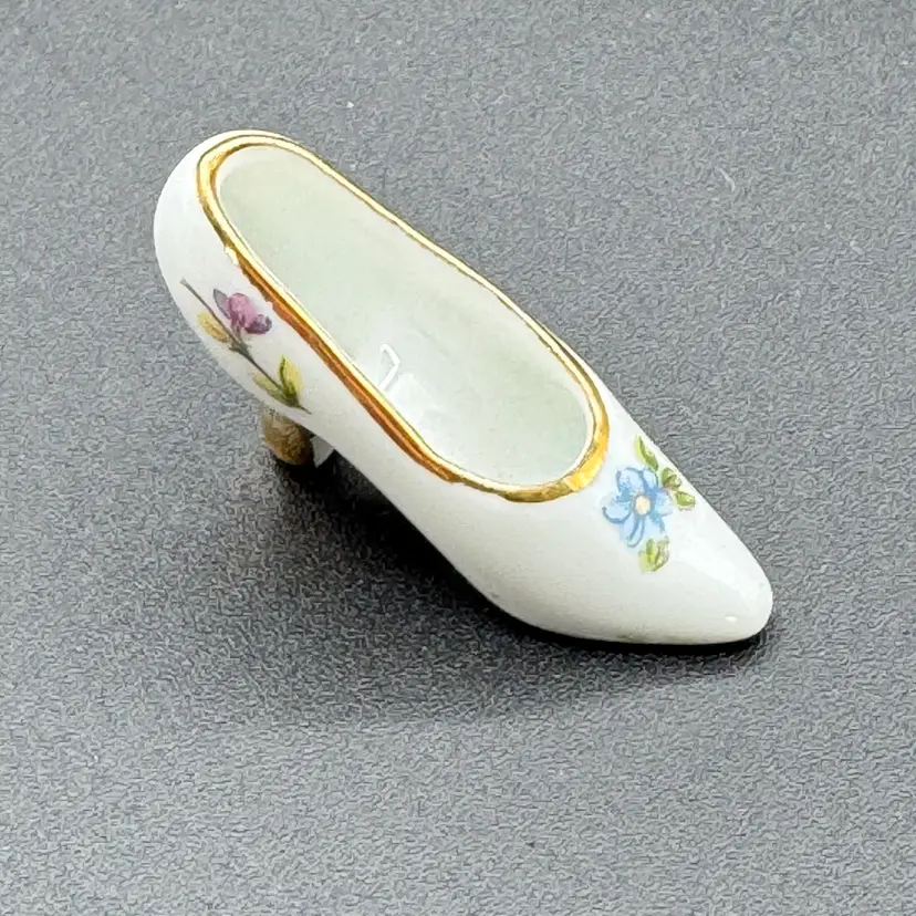 Vintage Limoges France Miniature Porcelain High Heel Shoe Figurine Gold Trim Floral 1” Height