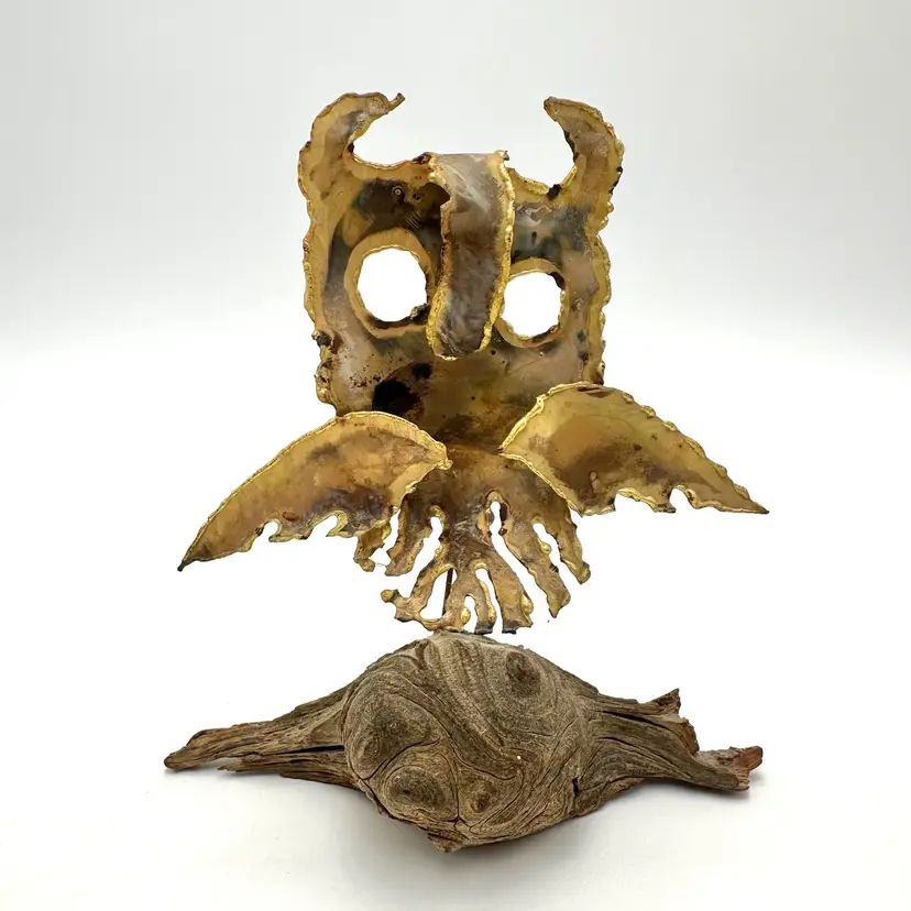 Horned Owl Brutalist Torch Cut Metal Sculpture Wood Base 7 X 3 X 7” H
