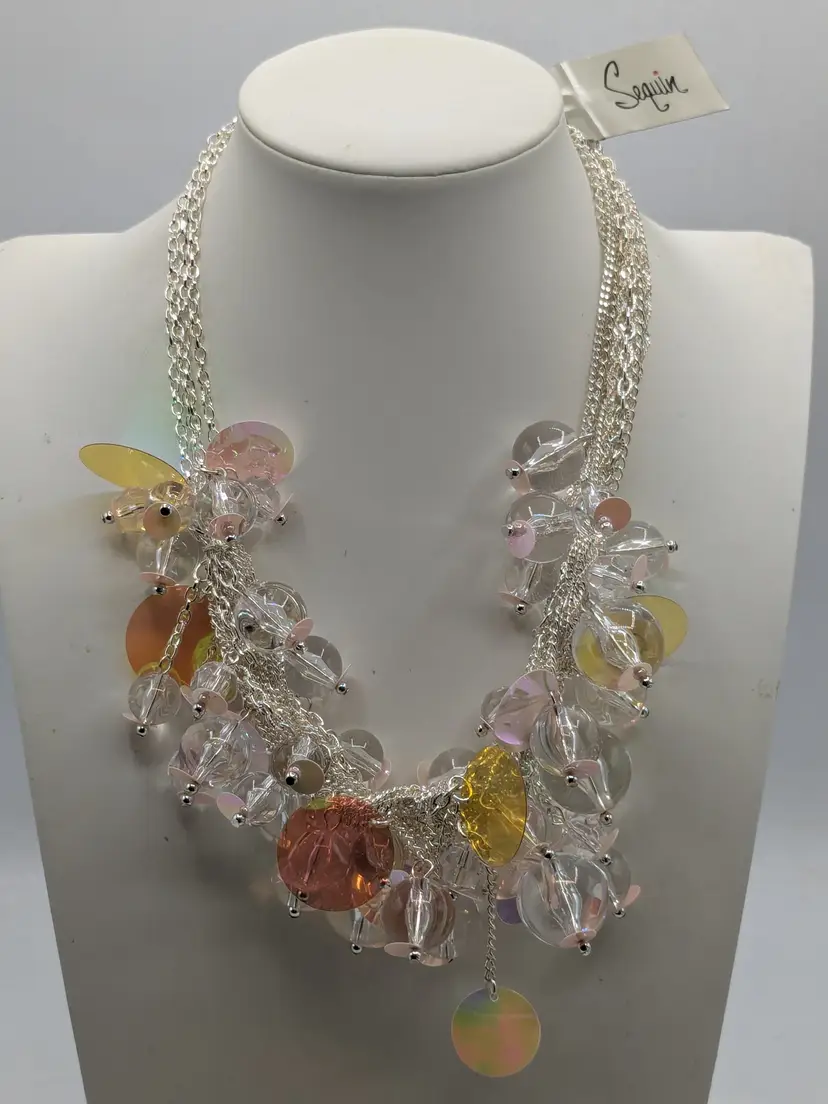 Sequin Silver Tone Iridescent Paillettes and Beaded Statement Necklace NWT
