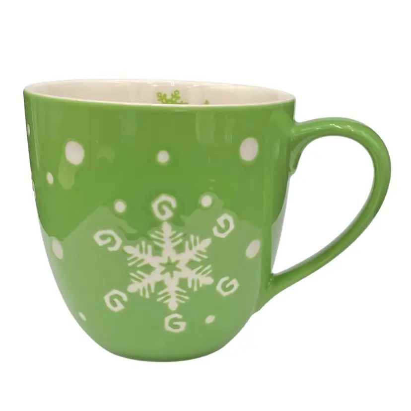 Vintage Starbucks 2007 Holiday Coffee Mug, Bright Green w/Snowflakes, 16 oz.