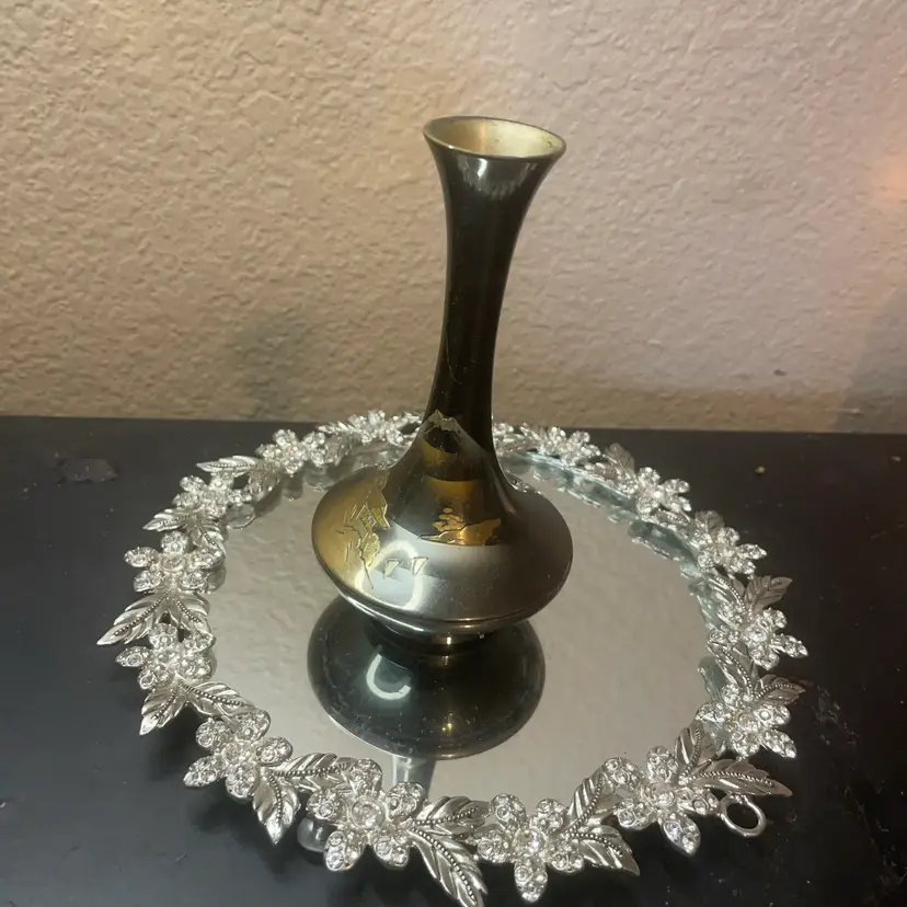 VTG Damascene Brass From Japan 6” Bud Vase w/ an etched landscape & pagoda