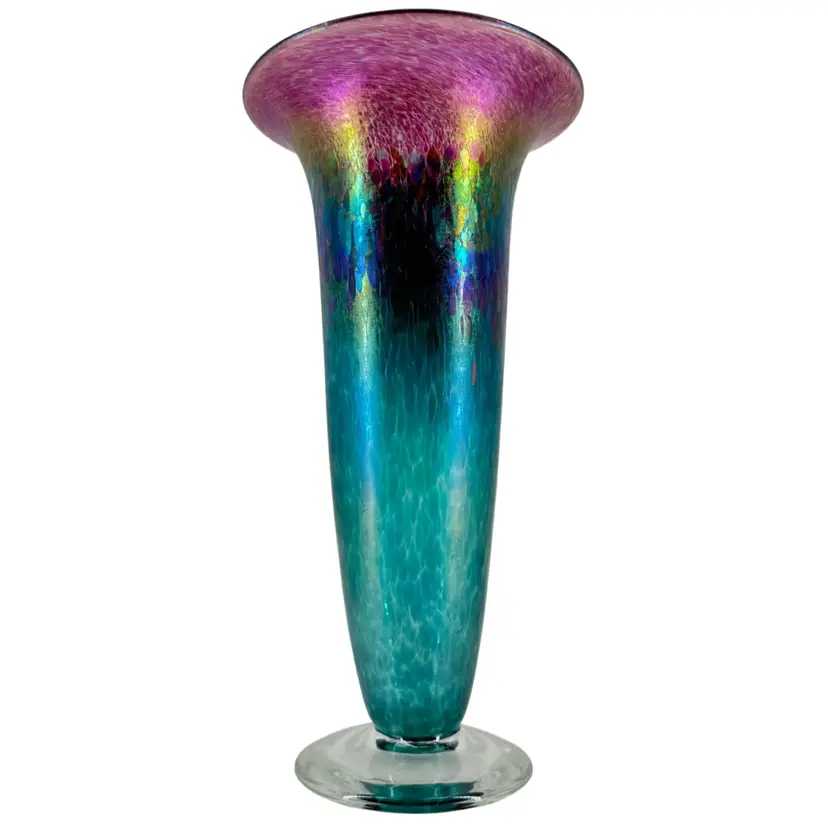 Robert Held Art Glass Colorful Iridescent Trumpet Vase