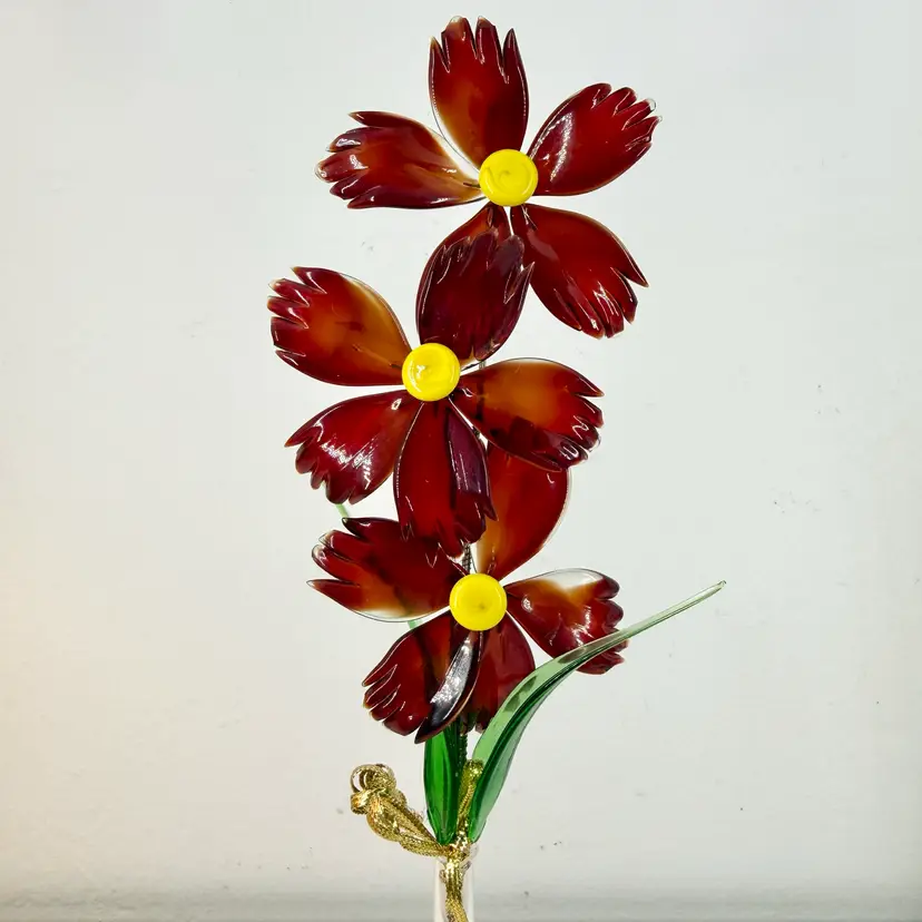 Czech Glass Floral Bouquet with Vase. Red, Green, Clear. Hand Crafted. NOS. 12” X 3”