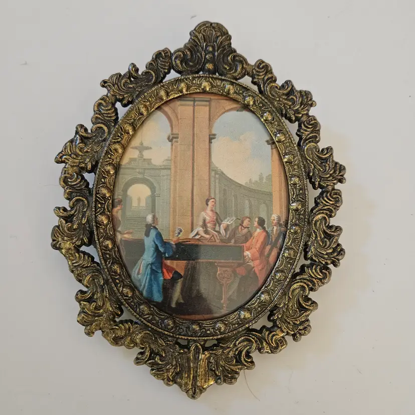 Vintage Italian Brass Oval Ornate Frame 5x4" Piano Scene
