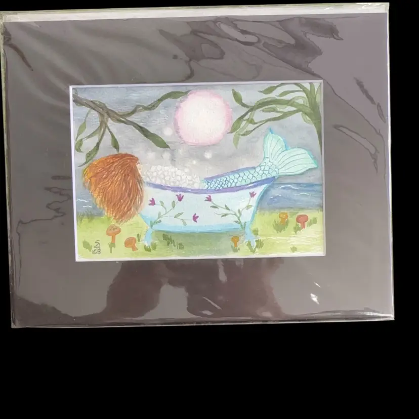 Original Watercolor Bathing Mermaid Under The Moon 5 X 7” In 8 X 10” Black Matte
