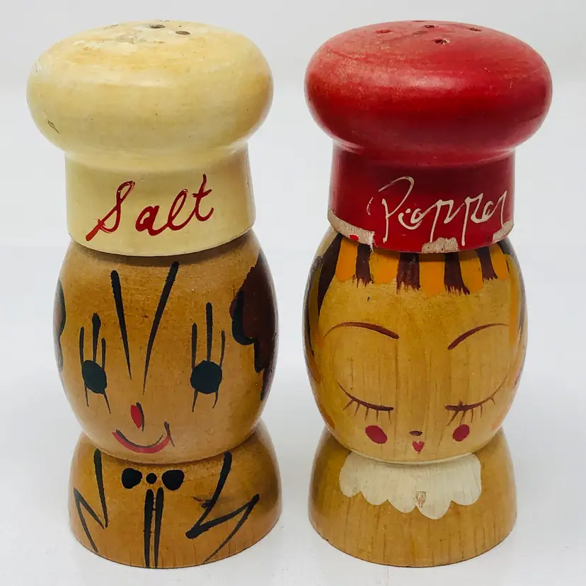 Mr. and Mrs. Chef Wooden Salt and Pepper Shakers Japan
