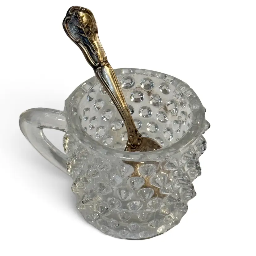 Vintage Clear Glass Hobnail Salt Cellar with Antique Sterling Silver Salt Spoon