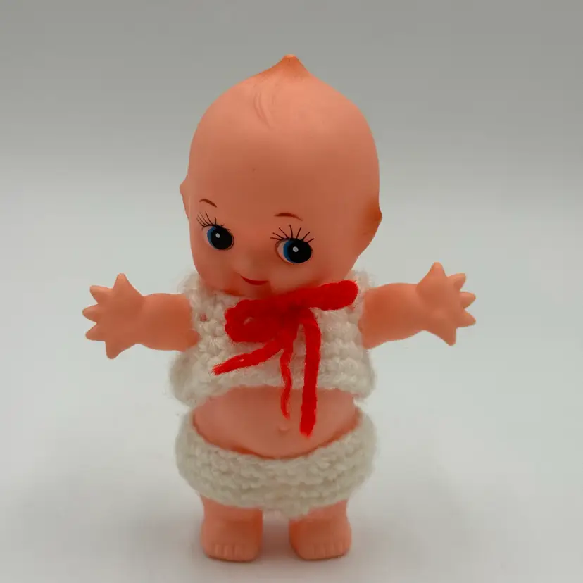 Vintage Vinyl Kewpie Doll Jointed Arms 6" Unmarked Japan & White Crochet Outfit