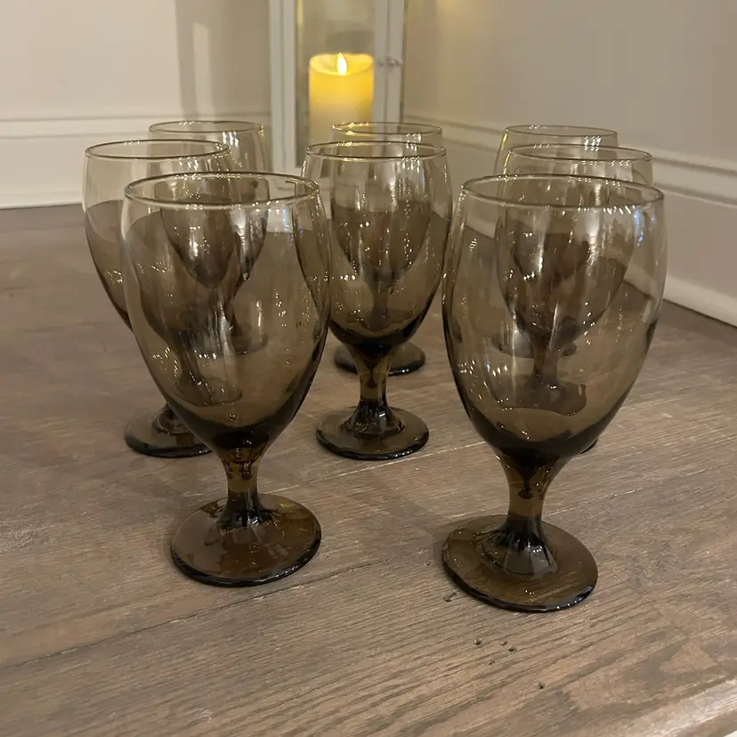 Set Of 8 Vintage Libbey Smoke Brown Water Goblets 7”