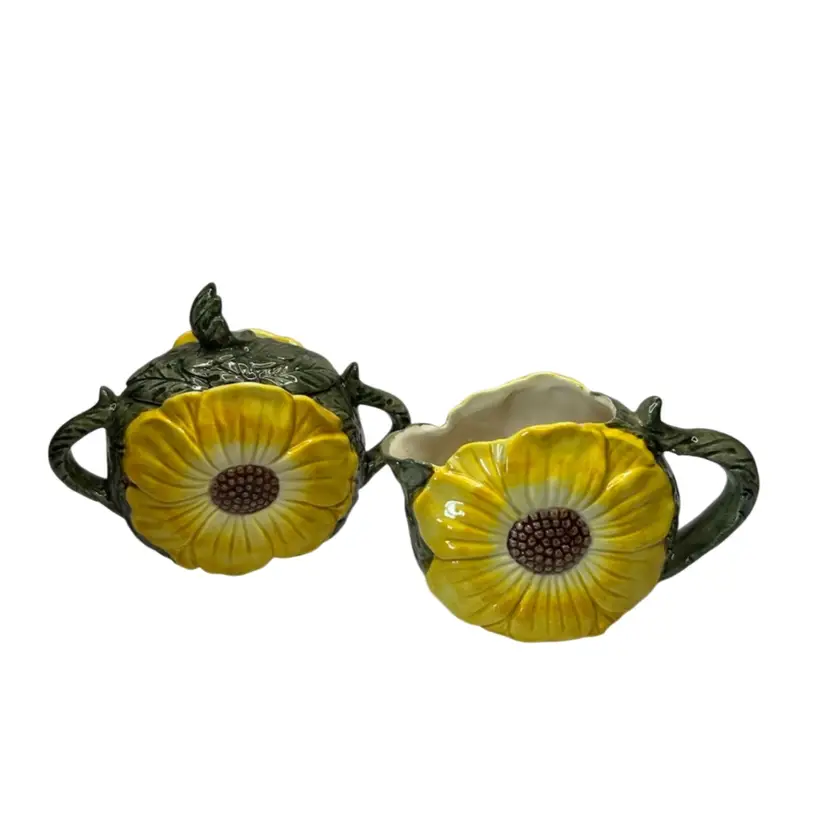Vintage Omnibus By Fitz And Floyd Japan Ceramic Set Of Sunflower Sugar And Creamer 3 1/2-5” Tall Very Minor Chip On Top Of Creamer
