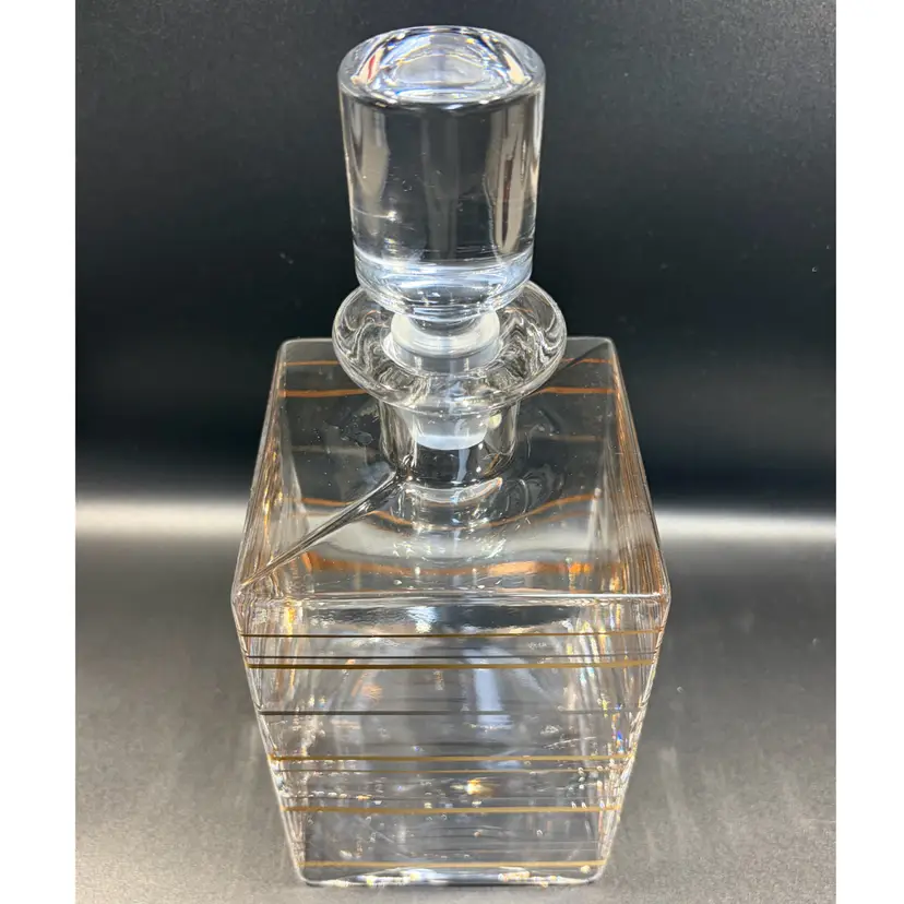 Martha Stewart Collection
For Macy’s-  Square Crystal Decanter- Original Stopper- Gold Silver Stripes- 10.5”