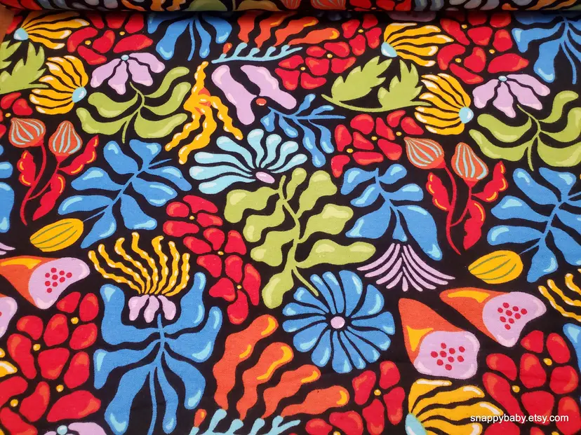 Nostalgic Nod Bright Floral on Black Flannel Fabric Remnant - 100% Cotton - Choose Size - Soft Craft & Quilting Fabric