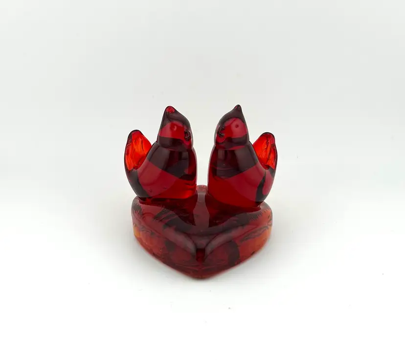 Titan Art Glass W. Ward Cardinals of Love Red Heart Glass Paperweight 3”x 3”x 2.75”