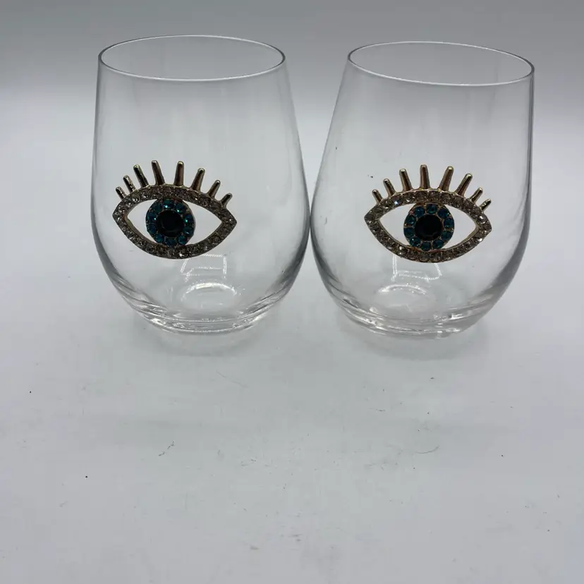 Stemless Wine Glass Set of 2 18.26 oz Evil Eye Gray Blue