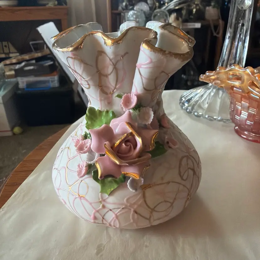 Vintage Lefton Art Deco Rose & Forget Me Not Vase MARDI GRAS BAG Perfect Cond