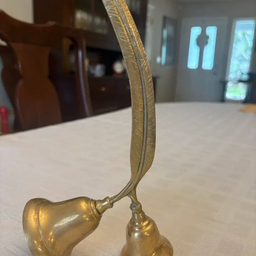 Vtg Brass Double Bell with Feather Quill Handle - Hampton Brass India Desk Bell