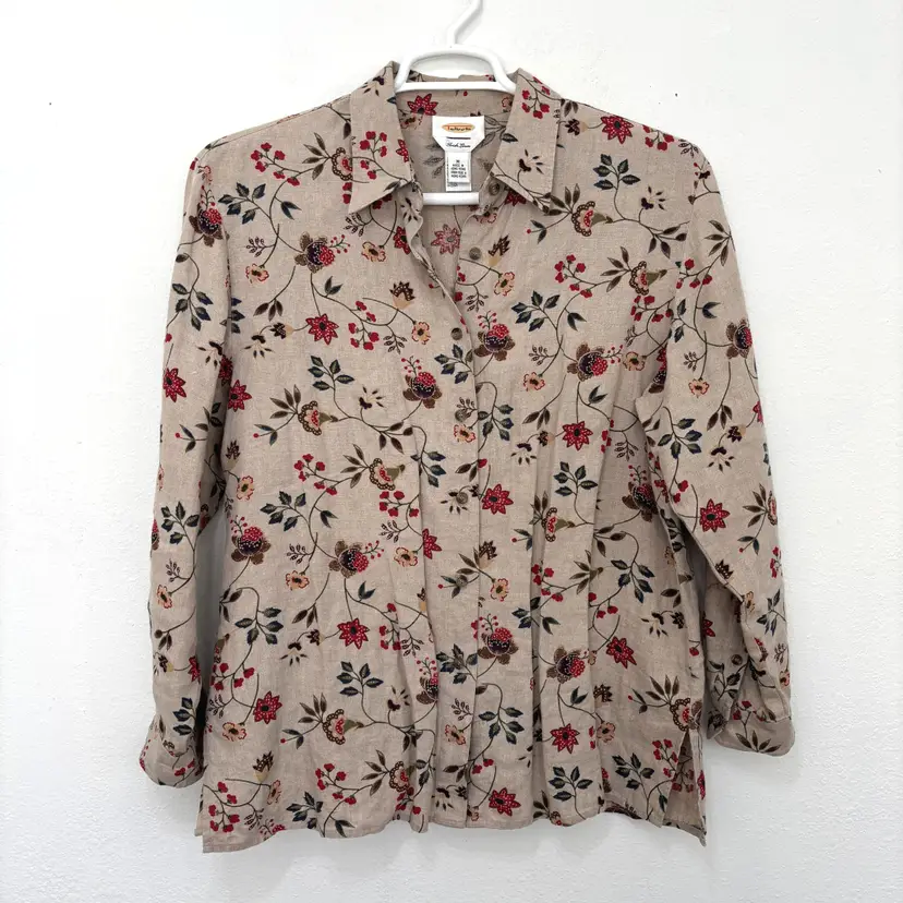 Talbots Womens Irish Linen Cottage Button Up Top Medium Vintage Earthy Granola