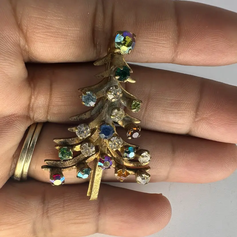 Vintage Signed Made in Austria Christmas Tree Multi-Colored Rhinestone Brooch