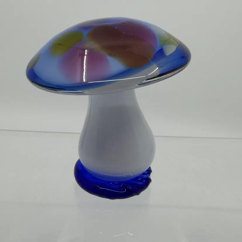 Vintage Art Glass Mushroom Paperweight/Figurine Blue White Pink Yellow 2.75”