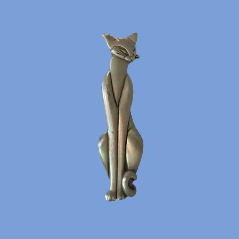 #192- J.J. Cat Brooch Pewter Siamese Egyptian Style Cat Pin By Jonette Jewelry Co. Hallmarked