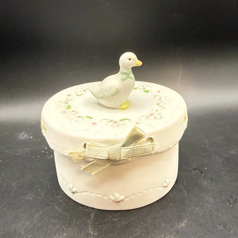Vintage Porcelain Trinket Box With Goose Finial