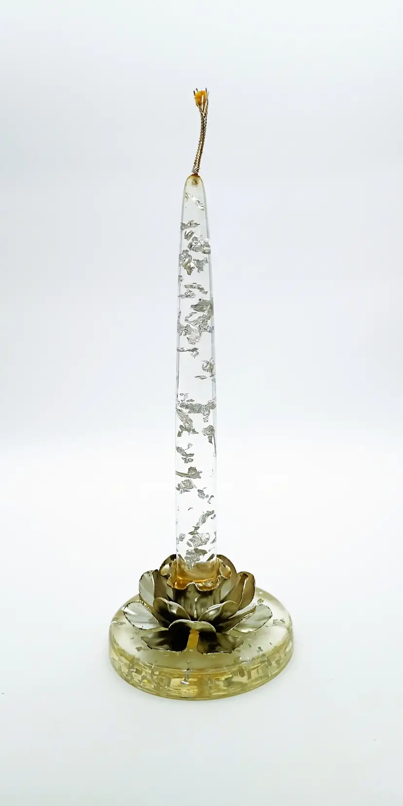 MCM Lucite Candle Holder w/Candle ~ Silver Foil & Flower ~ Enchanto Co. CA