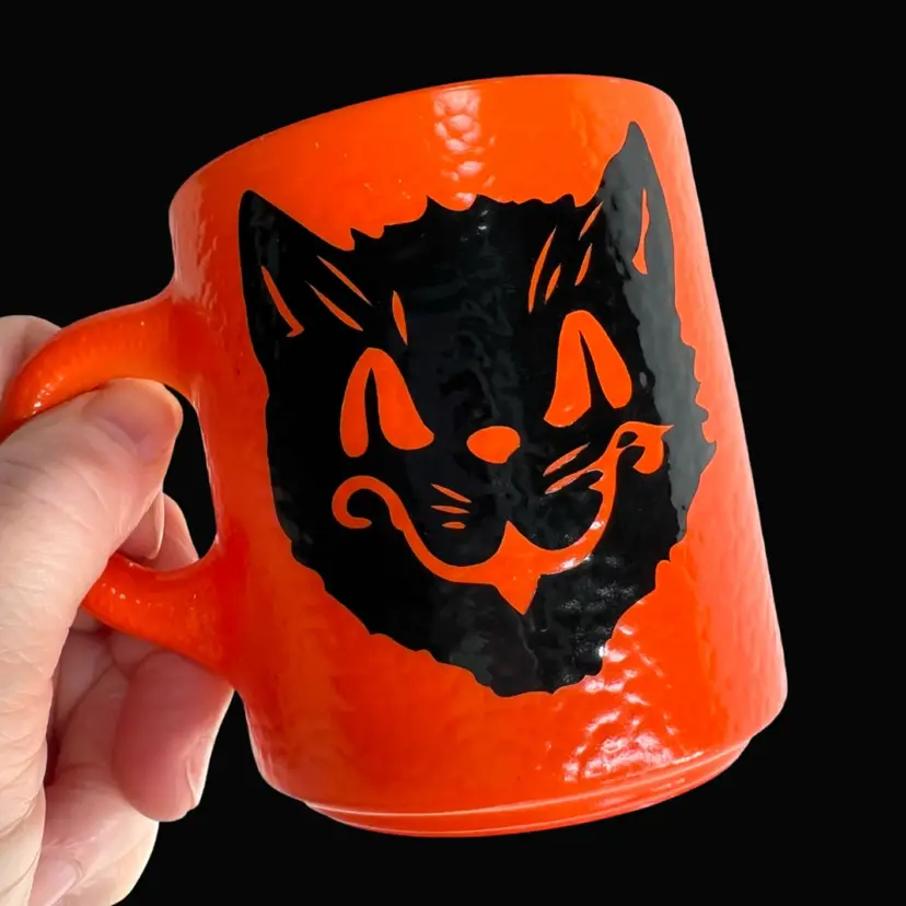 Black Cat Halloween Decal on Vintage Hazel Atlas Orange Milk Glass Mug Cup