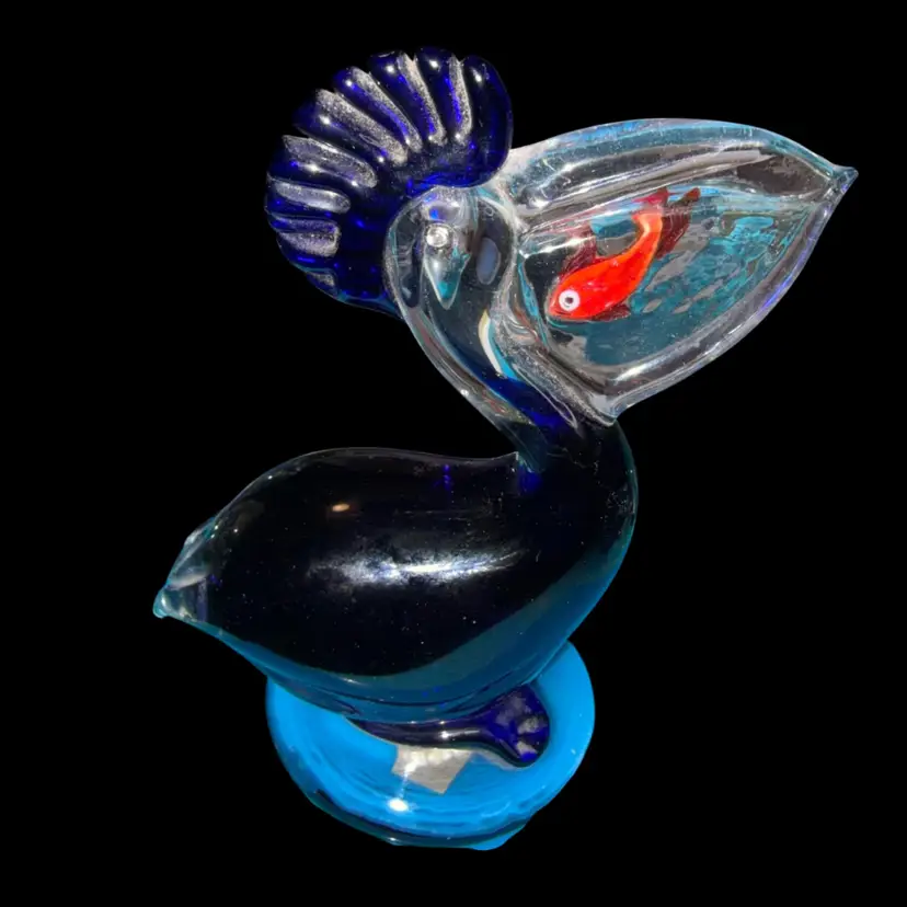 Cobalt Blue Art Glass Pelican Sculpture with Red Fish in Clear Beak – 6” Tall