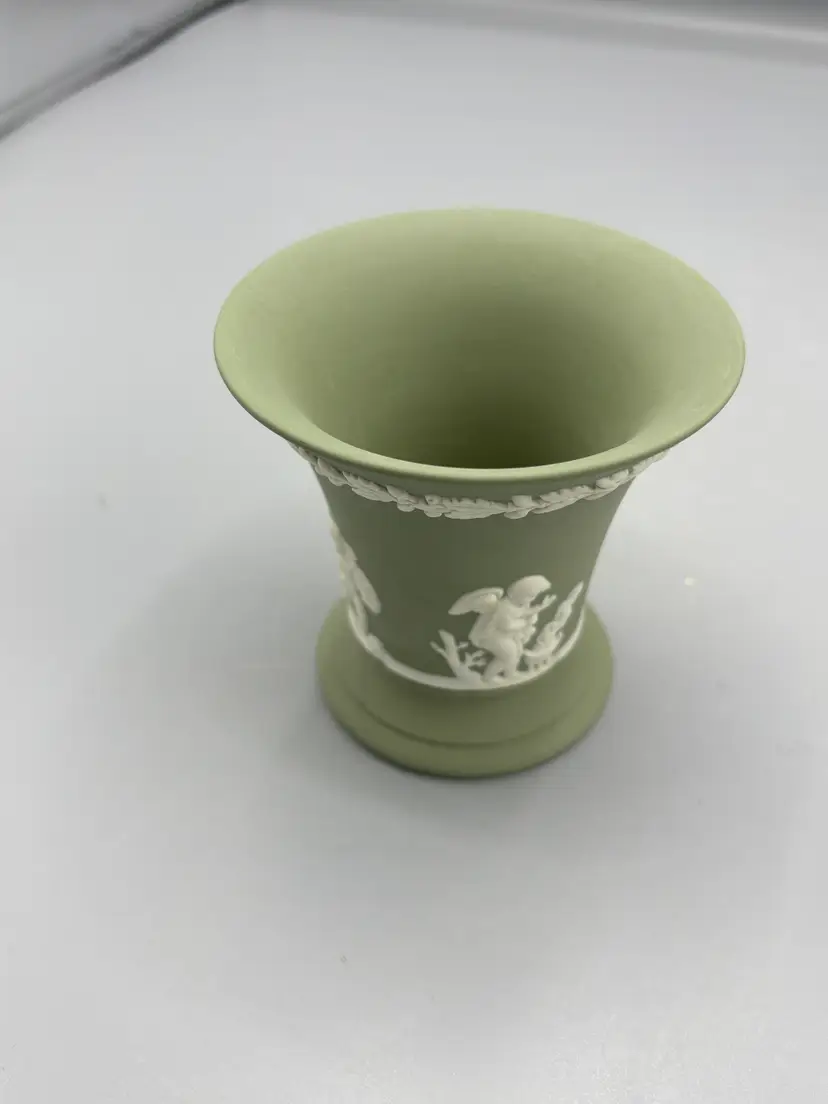 Green Jasperware Cupids Trumpet vase