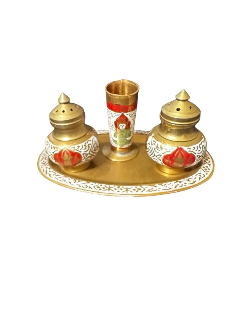 Brass And Enamel Salt And Pepper, Toothpick Holder