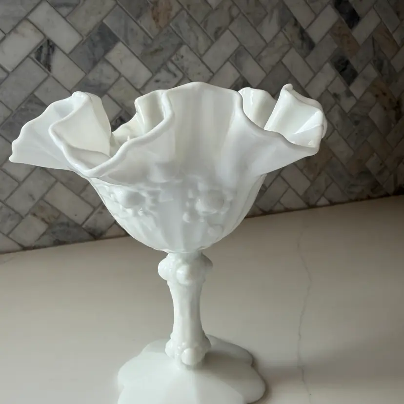 A vintage Fenton white milk glass cabbage rose ruffled compote dish.7” Tall