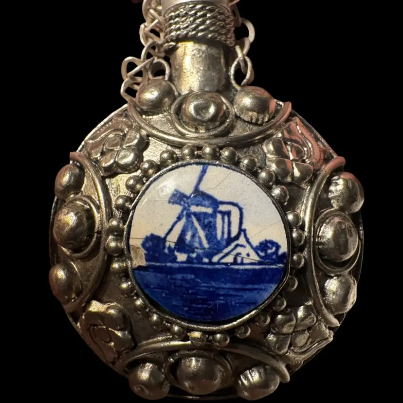 Vintage Dutch Delft Blue & White Ceramic Windmill Scent Bottle Flask