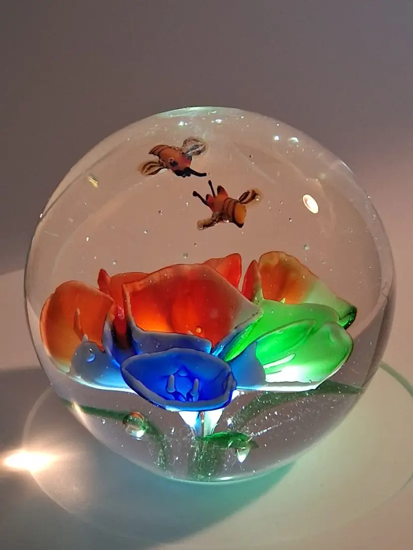 Vintage Art Glass Lamp Work Bumble Bees & Multi-Color Flower Paperweight