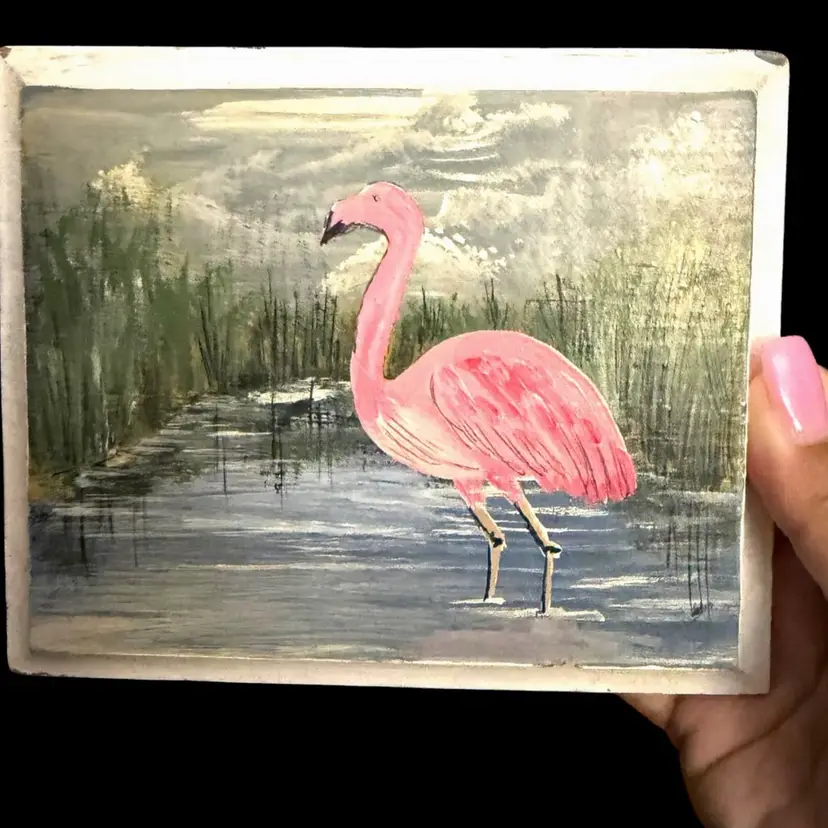 Vintage Mid Century Miniature Original Oil Painting Pink Flamingo Marsh Landscape Art