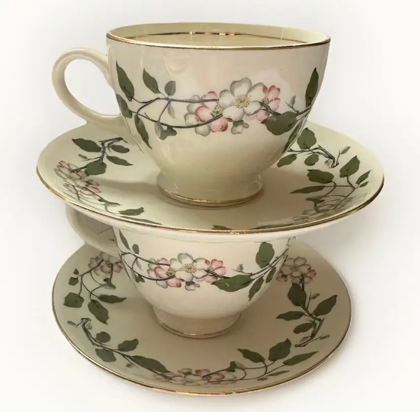 Homer Laughlin Apple Blossom Tea Cup Saucer Sets Eggshell Nautilus 2 EUC