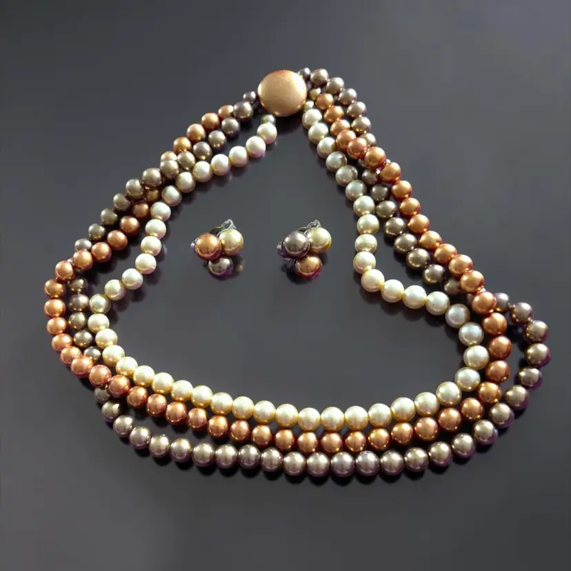 Tri-tone Brown 3 Strand Faux Pearl Choker Necklace 16”17”&18” with Matching Clip Back Earrings